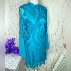 🌹 Turquoise Blue Lace Chiffon Bell Sleeve Dress 🌹